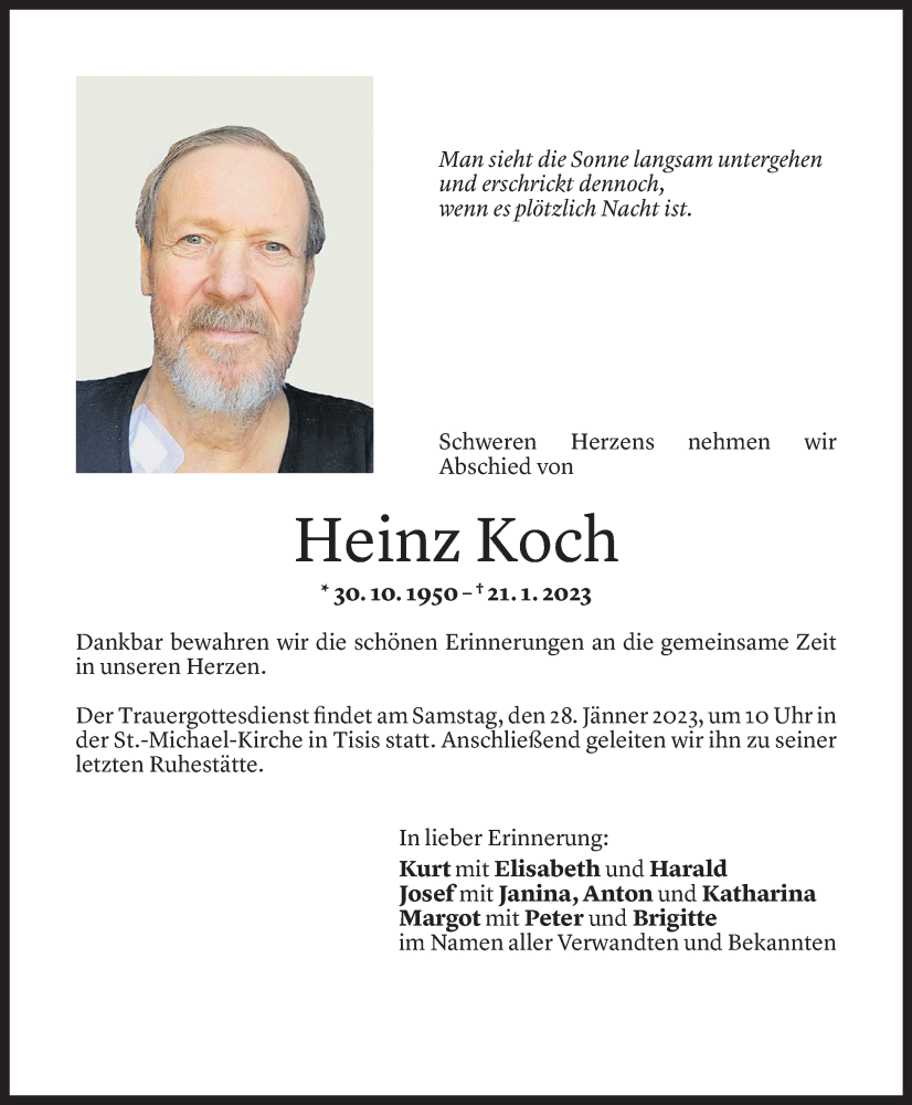  Todesanzeige für Heinz Koch vom 26.01.2023 aus Vorarlberger Nachrichten