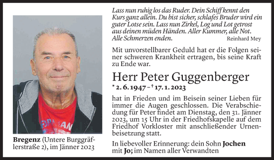 Todesanzeige von Peter Guggenberger von Vorarlberger Nachrichten