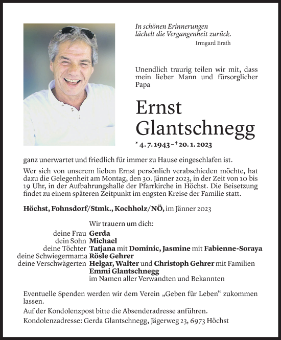 Todesanzeige von Ernst Glantschnegg von Vorarlberger Nachrichten