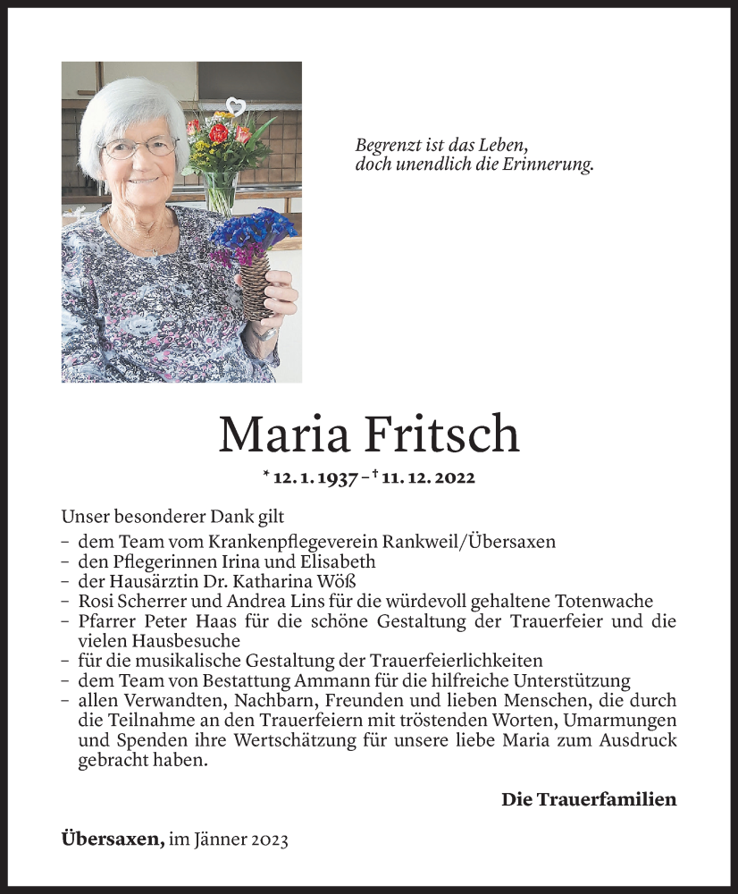  Todesanzeige für Maria Fritsch vom 27.01.2023 aus Vorarlberger Nachrichten