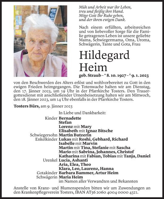 Todesanzeige von Hildegard Heim von Vorarlberger Nachrichten