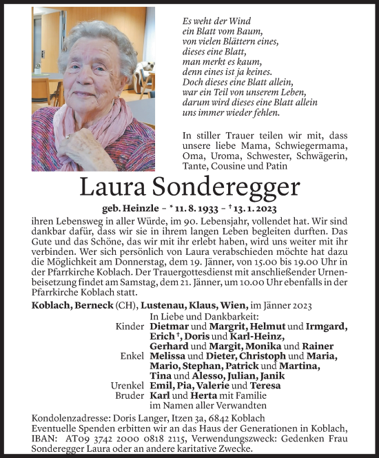 Todesanzeige von Laura Sonderegger von Vorarlberger Nachrichten