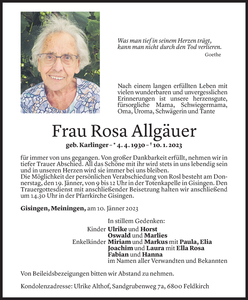  Todesanzeige für Rosa Allgäuer vom 17.01.2023 aus Vorarlberger Nachrichten