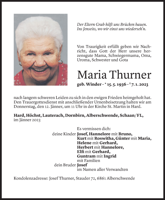 Todesanzeige von Maria Thurner von Vorarlberger Nachrichten