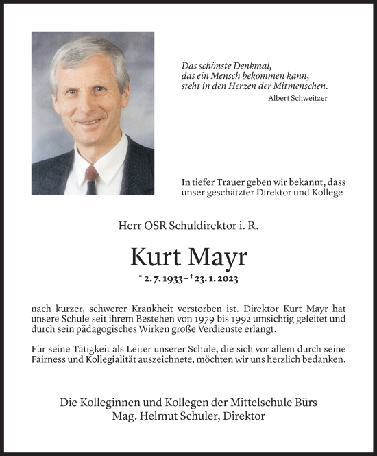 Todesanzeige von Kurt Mayr von Vorarlberger Nachrichten
