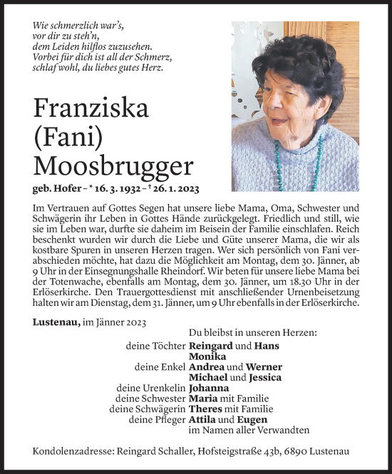Todesanzeige von Franziska Moosbrugger von Vorarlberger Nachrichten