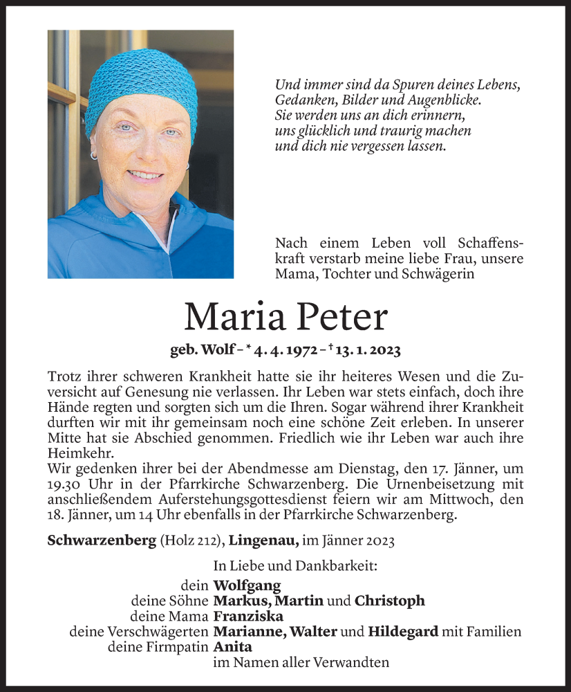  Todesanzeige für Maria Peter vom 15.01.2023 aus Vorarlberger Nachrichten