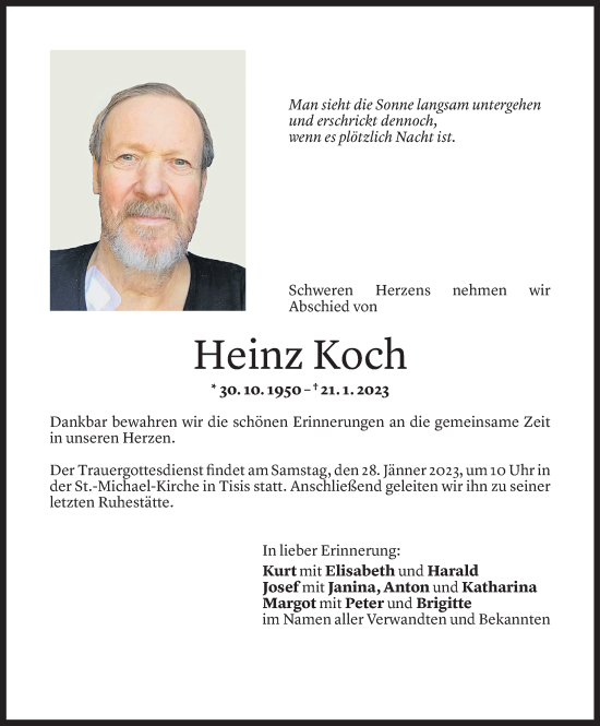 Todesanzeige von Heinz Koch von Vorarlberger Nachrichten