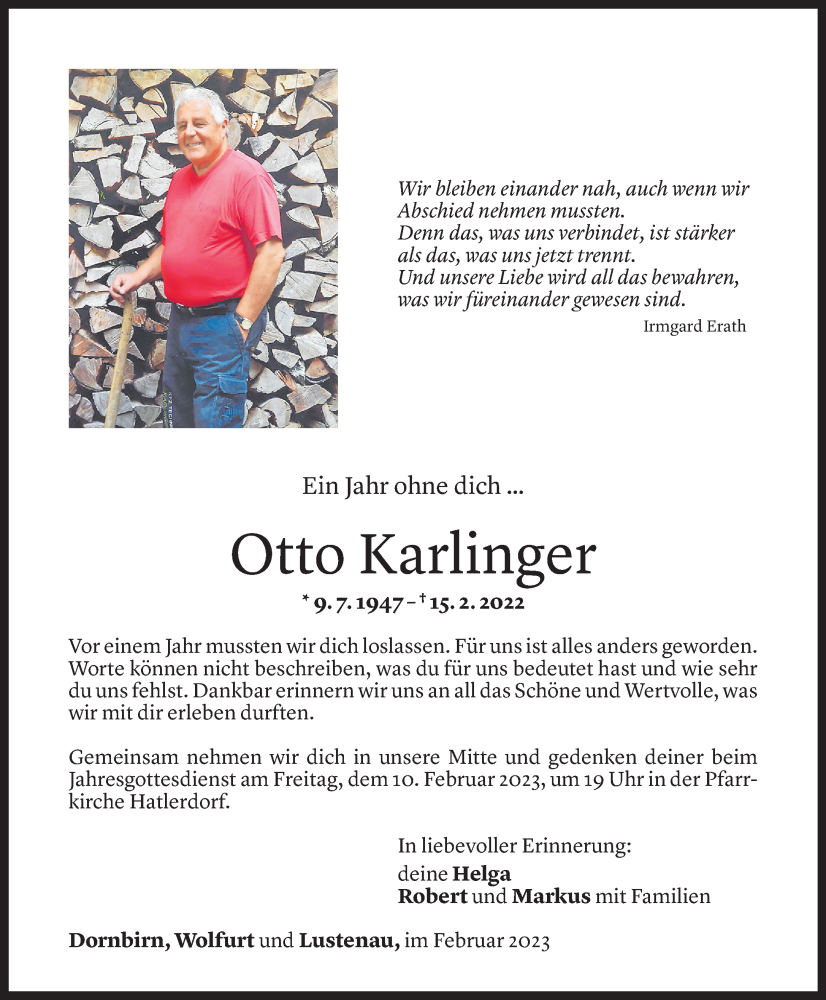  Todesanzeige für Otto Karlinger vom 08.02.2023 aus Vorarlberger Nachrichten