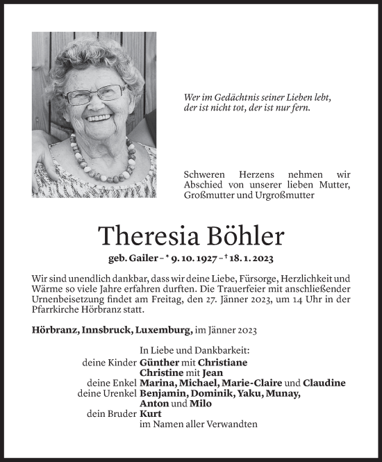 Todesanzeige von Theresia Böhler von Vorarlberger Nachrichten