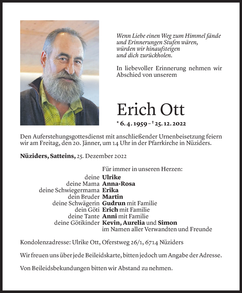  Todesanzeige für Erich Ott vom 16.01.2023 aus Vorarlberger Nachrichten