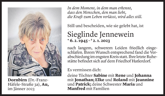 Todesanzeige von Sieglinde Jennewein von Vorarlberger Nachrichten