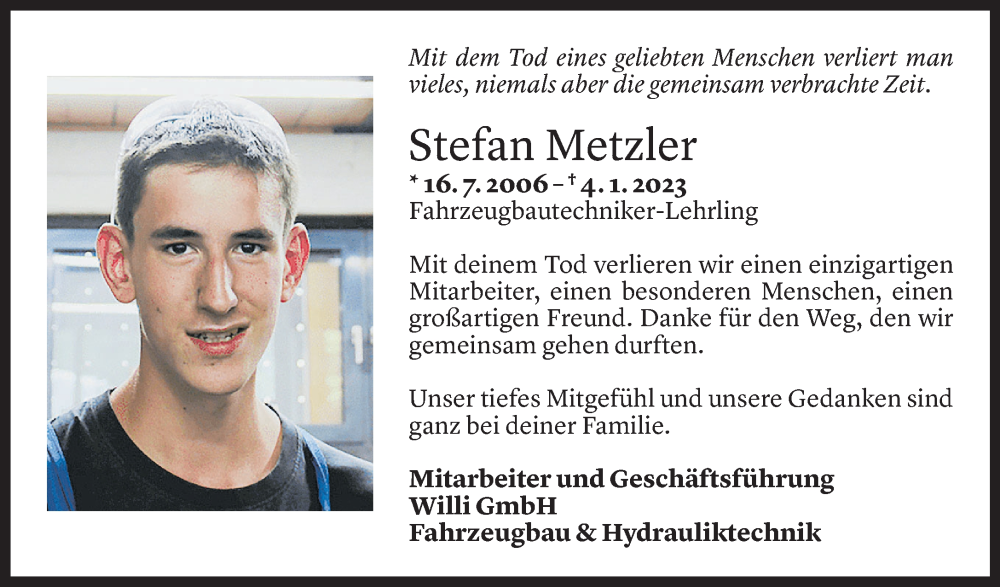  Todesanzeige für Stefan Metzler vom 07.01.2023 aus Vorarlberger Nachrichten