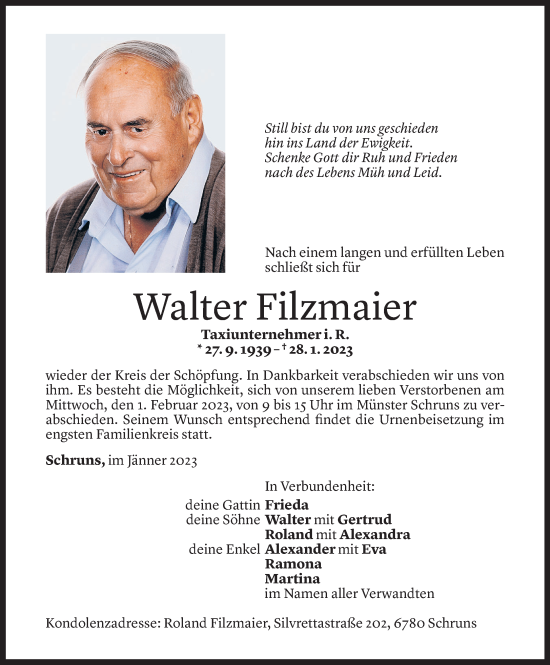 Todesanzeige von Walter Filzmaier von Vorarlberger Nachrichten
