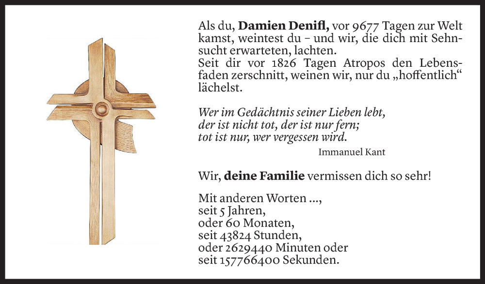  Todesanzeige für Damien Denifl vom 24.01.2023 aus Vorarlberger Nachrichten