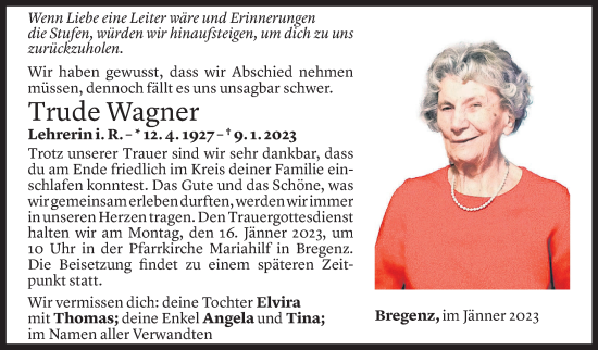 Todesanzeige von Trude Wagner von Vorarlberger Nachrichten