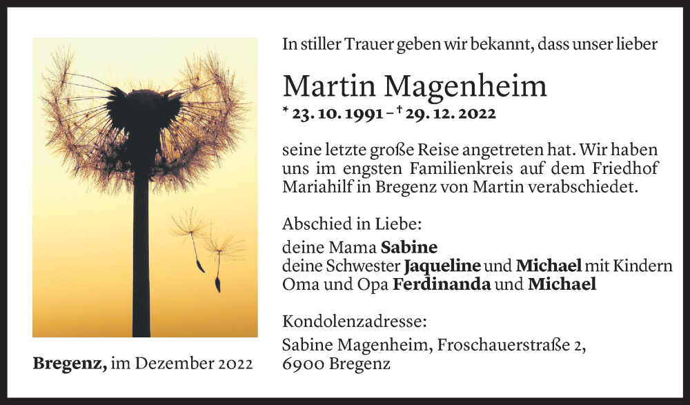  Todesanzeige für Martin Magenheim vom 07.01.2023 aus Vorarlberger Nachrichten