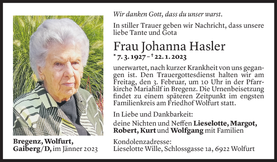 Todesanzeige von Johanna Hasler von Vorarlberger Nachrichten
