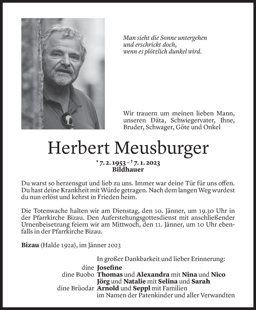  Todesanzeige für Herbert Meusburger vom 09.01.2023 aus Vorarlberger Nachrichten