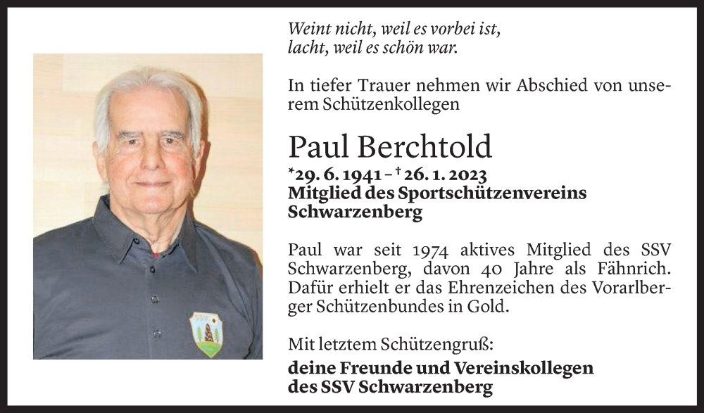  Todesanzeige für Paul Berchtold vom 01.02.2023 aus Vorarlberger Nachrichten
