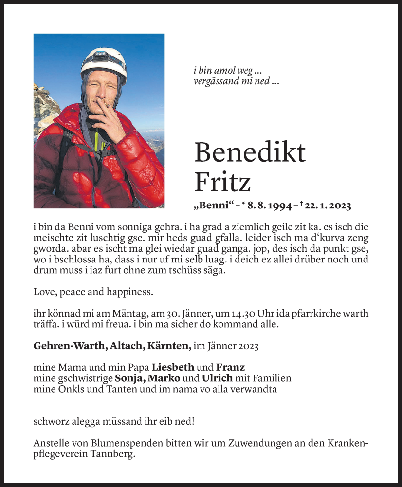  Todesanzeige für Benedikt Fritz vom 25.01.2023 aus Vorarlberger Nachrichten
