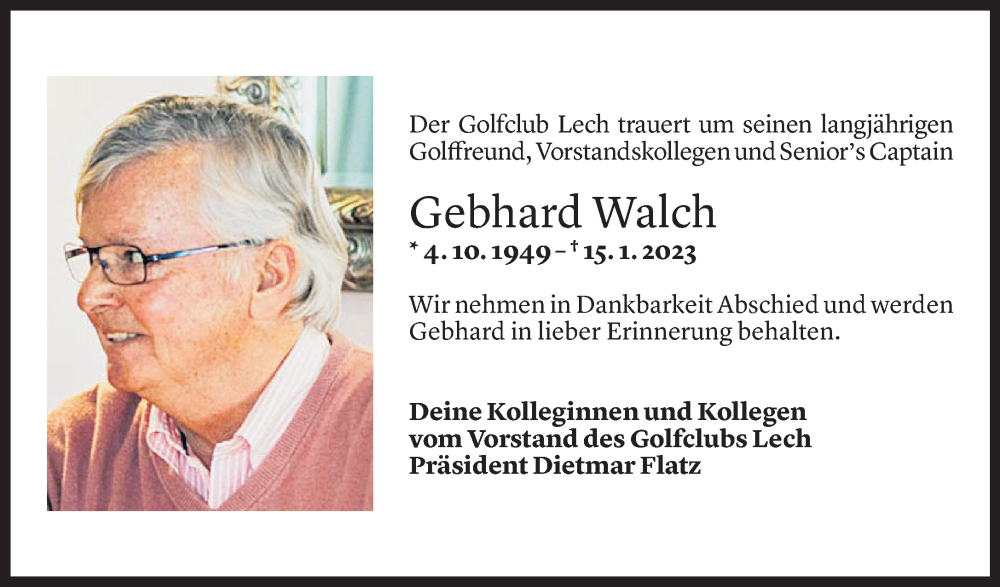  Todesanzeige für Gebhard Walch vom 20.01.2023 aus Vorarlberger Nachrichten
