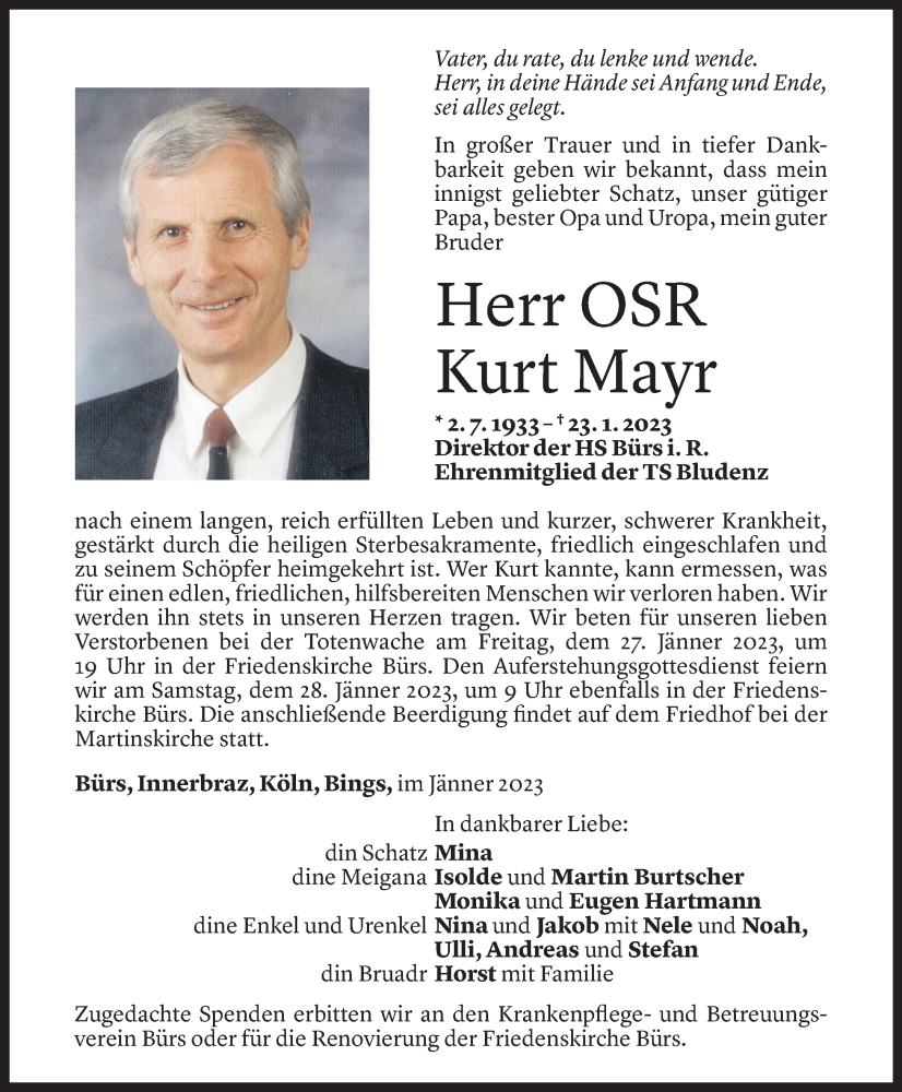  Todesanzeige für Kurt Mayr vom 25.01.2023 aus Vorarlberger Nachrichten