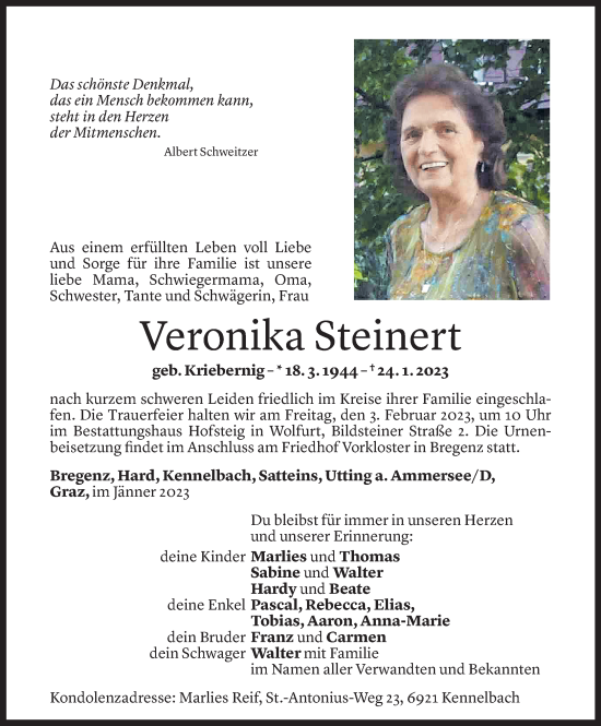 Todesanzeige von Veronika Steinert von Vorarlberger Nachrichten