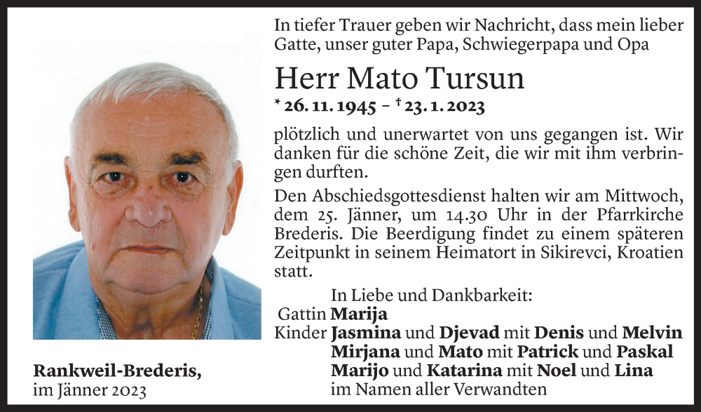  Todesanzeige für Mato Tursun vom 25.01.2023 aus Vorarlberger Nachrichten