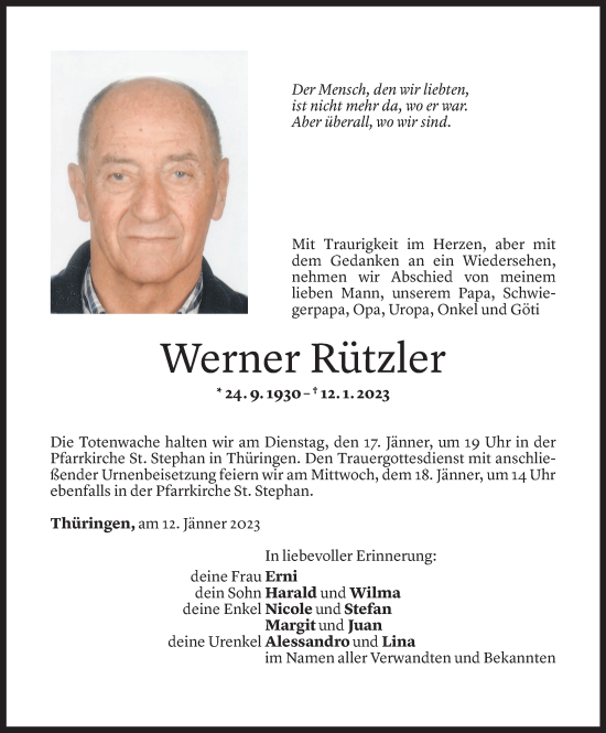 Todesanzeige von Werner Rützler von Vorarlberger Nachrichten
