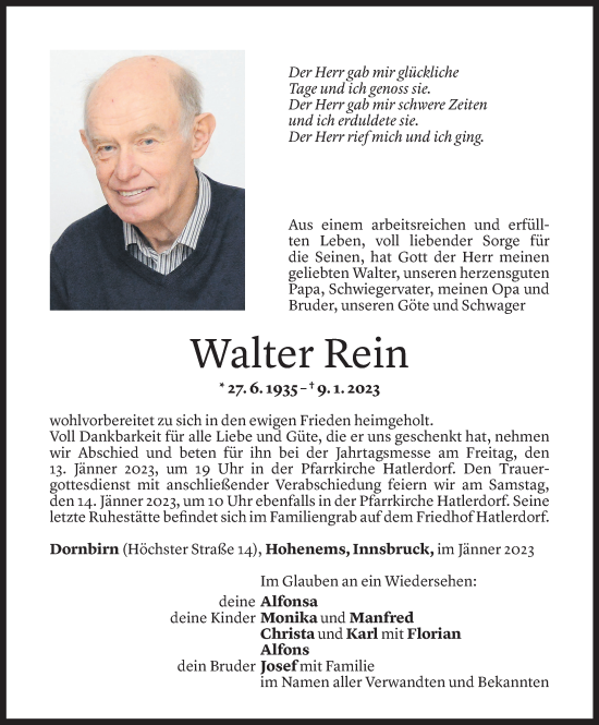 Todesanzeige von Walter Rein von Vorarlberger Nachrichten