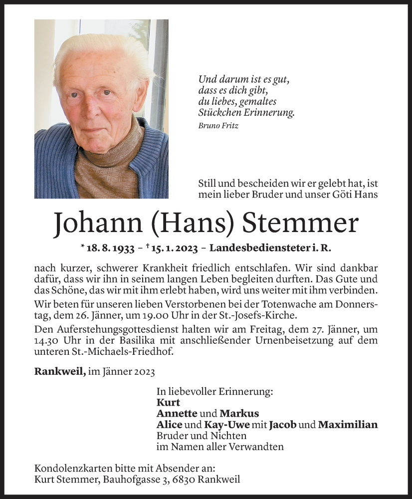  Todesanzeige für Johann Stemmer vom 24.01.2023 aus Vorarlberger Nachrichten