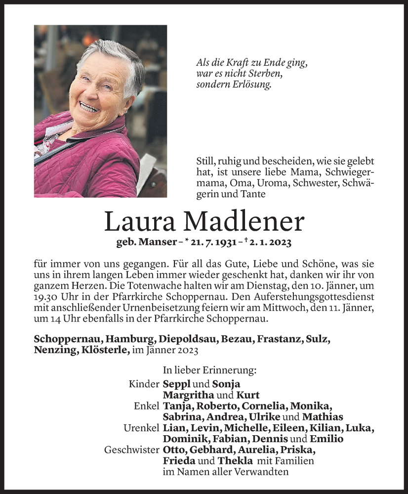  Todesanzeige für Laura Madlener vom 08.01.2023 aus Vorarlberger Nachrichten