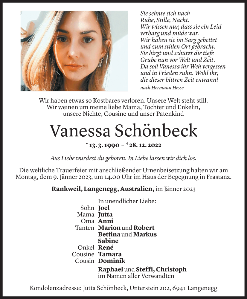  Todesanzeige für Vanessa Schönbeck vom 07.01.2023 aus Vorarlberger Nachrichten