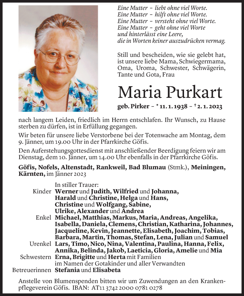  Todesanzeige für Maria Purkart vom 07.01.2023 aus Vorarlberger Nachrichten
