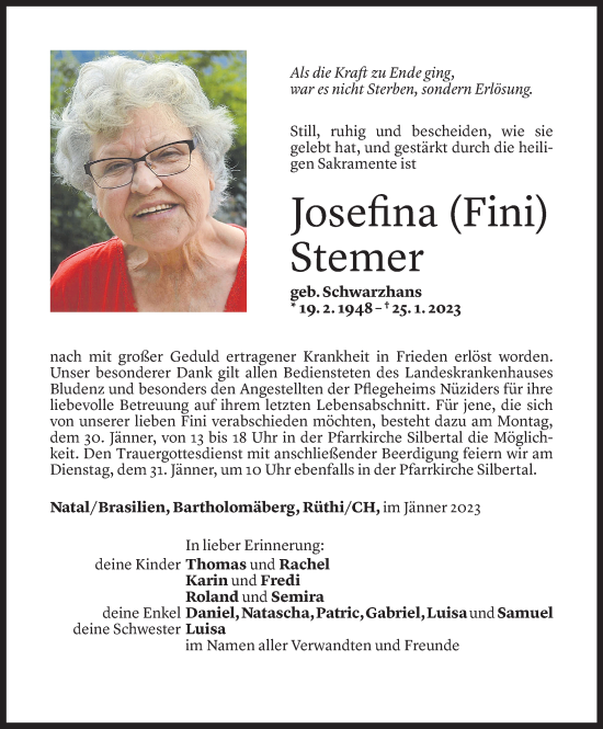 Todesanzeige von Josefina Stemer von Vorarlberger Nachrichten