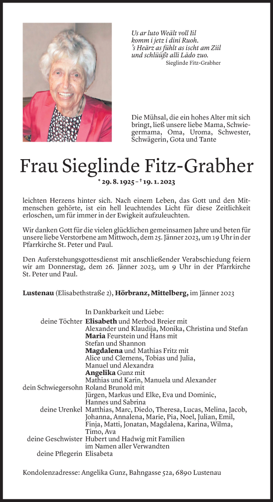  Todesanzeige für Sieglinde Fitz-Grabher vom 22.01.2023 aus Vorarlberger Nachrichten