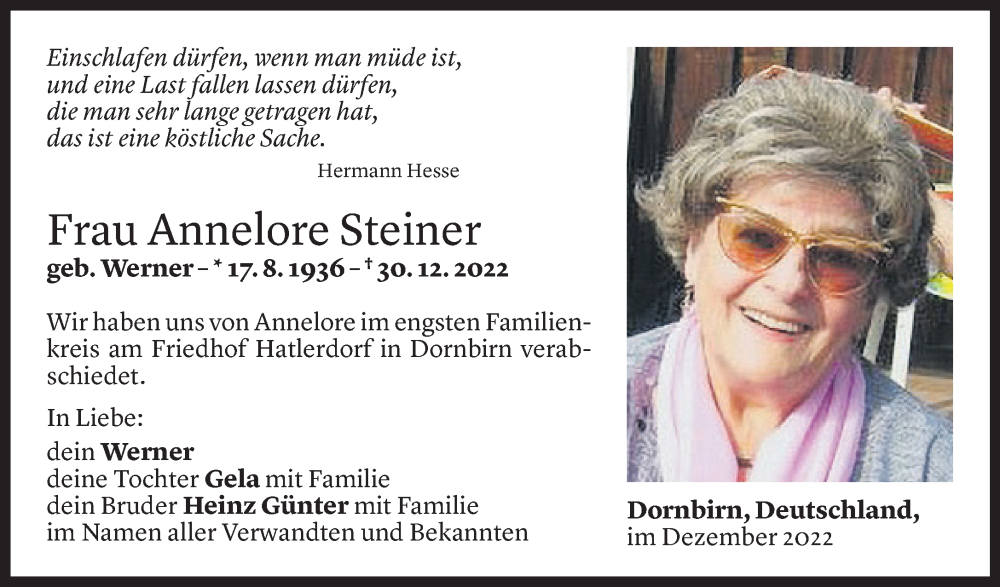  Todesanzeige für Annelore Steiner vom 10.01.2023 aus Vorarlberger Nachrichten