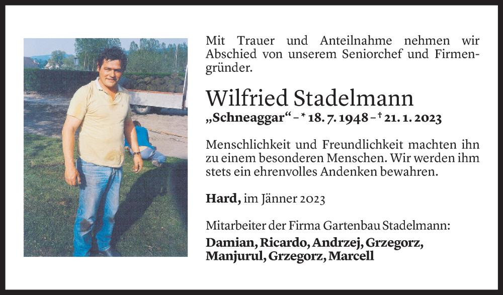  Todesanzeige für Wilfried Stadelmann vom 25.01.2023 aus Vorarlberger Nachrichten