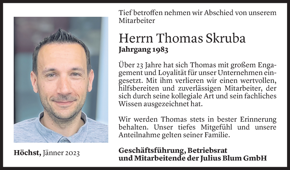  Todesanzeige für Thomas Skruba vom 13.01.2023 aus Vorarlberger Nachrichten