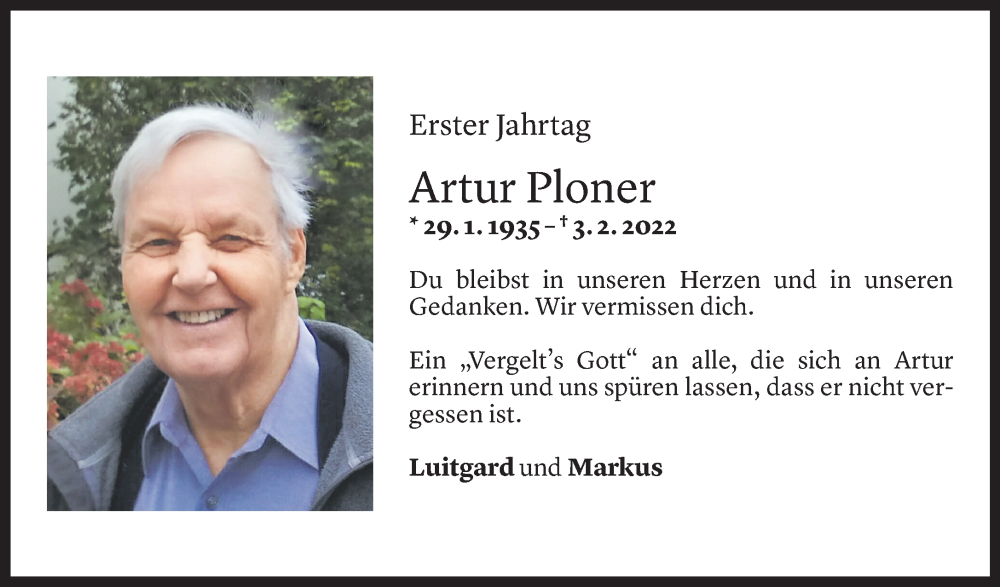  Todesanzeige für Artur Ploner vom 29.01.2023 aus Vorarlberger Nachrichten