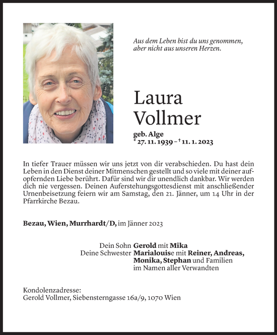 Todesanzeige von Laura Vollmer von Vorarlberger Nachrichten