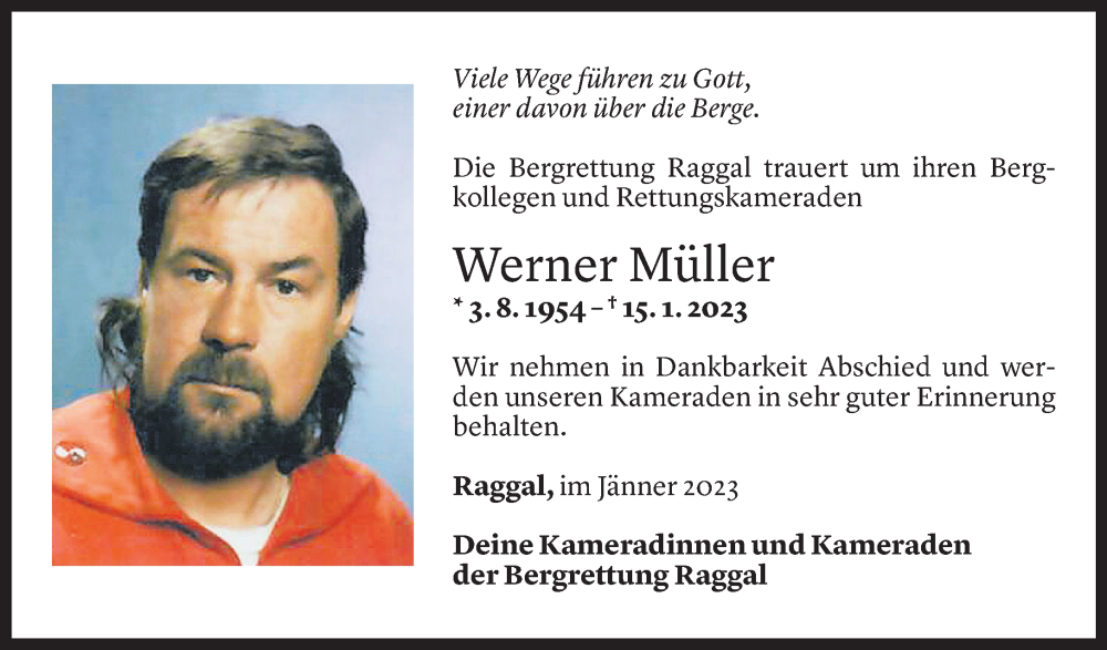  Todesanzeige für Werner Müller vom 25.01.2023 aus Vorarlberger Nachrichten