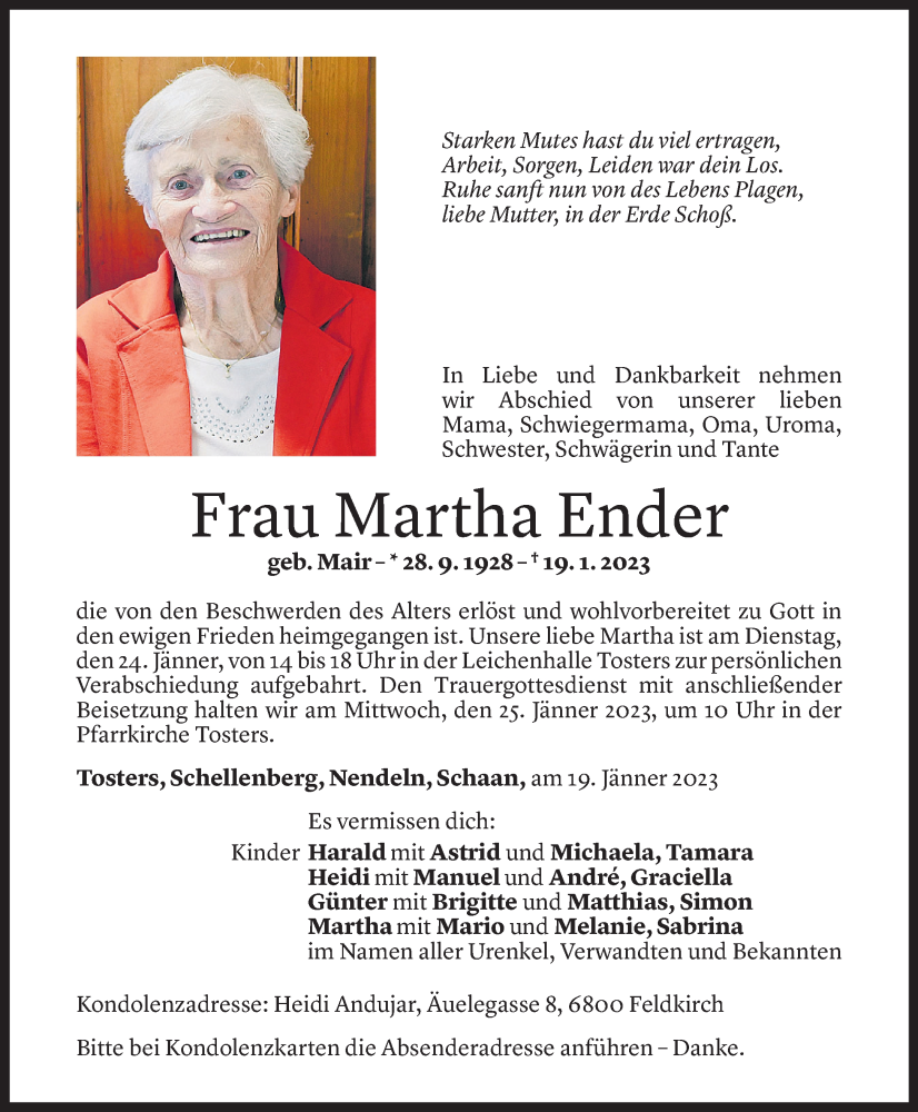  Todesanzeige für Martha Ender vom 22.01.2023 aus Vorarlberger Nachrichten