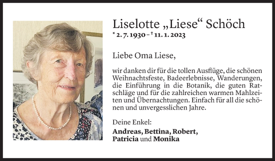 Todesanzeige von Liselotte Schöch von Vorarlberger Nachrichten