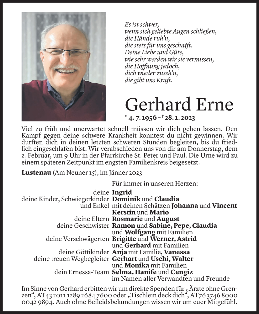  Todesanzeige für Gerhard Erne vom 31.01.2023 aus Vorarlberger Nachrichten