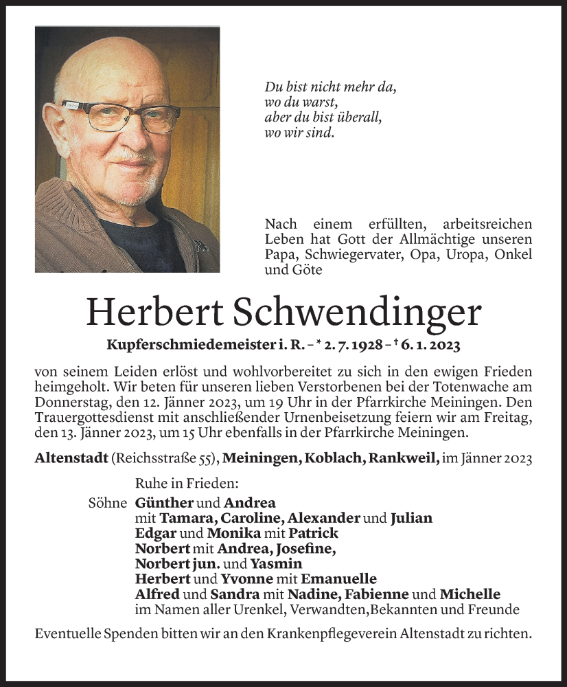  Todesanzeige für Herbert Schwendinger vom 10.01.2023 aus Vorarlberger Nachrichten