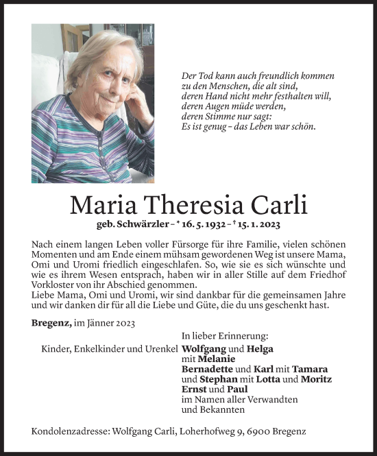 Todesanzeige von Maria Carli von Vorarlberger Nachrichten