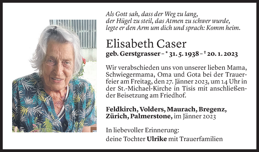  Todesanzeige für Elisabeth Caser vom 25.01.2023 aus Vorarlberger Nachrichten