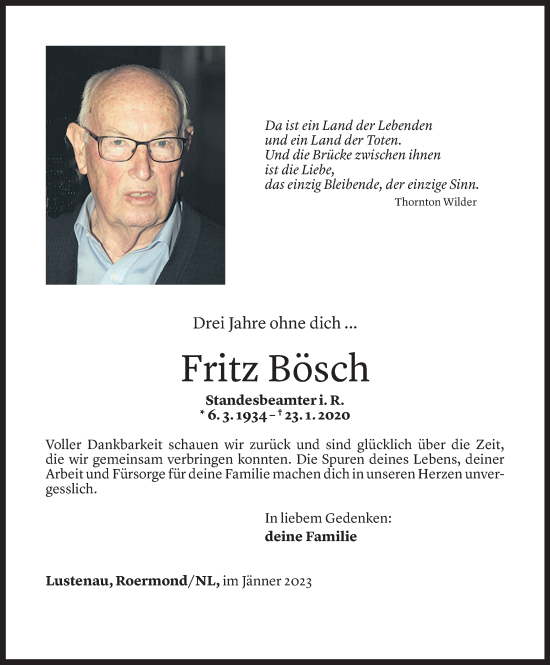 Todesanzeige von Fritz Bösch von Vorarlberger Nachrichten